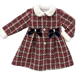 Blueberi Boulevard Red Plaid Dress with White Faux Fur Collar and Navy Bows